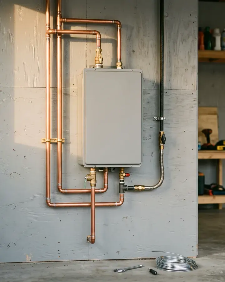A new tankless water heater mounted on a garage wall with clean piping