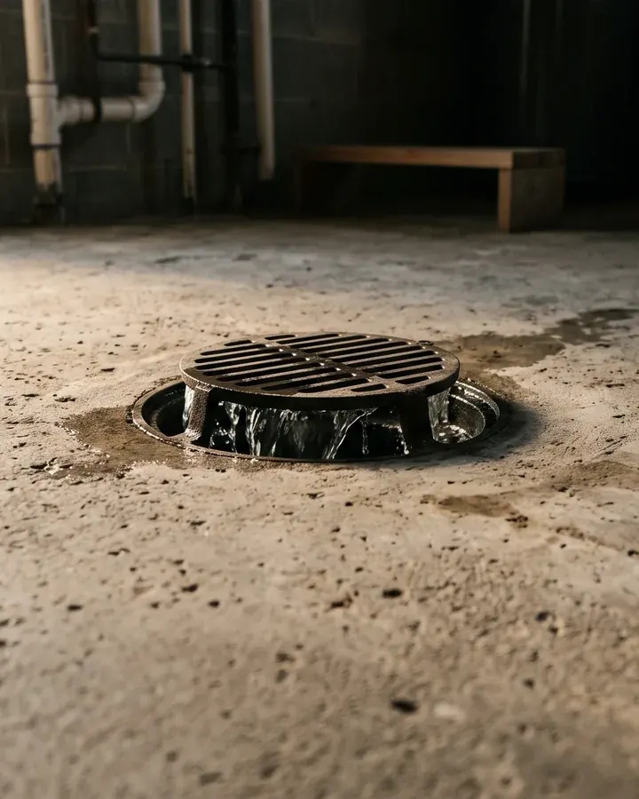 A cleared floor drain with clean water running