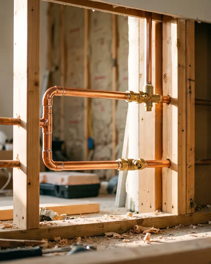 A section of new copper pipe rerouted through a wall