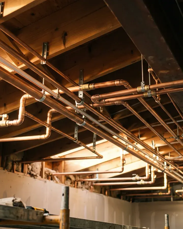 New pipe runs strapped neatly in an open ceiling