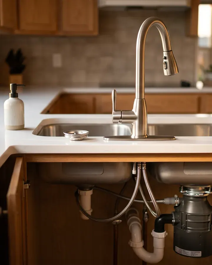 A new kitchen faucet and disposal installed under a sink