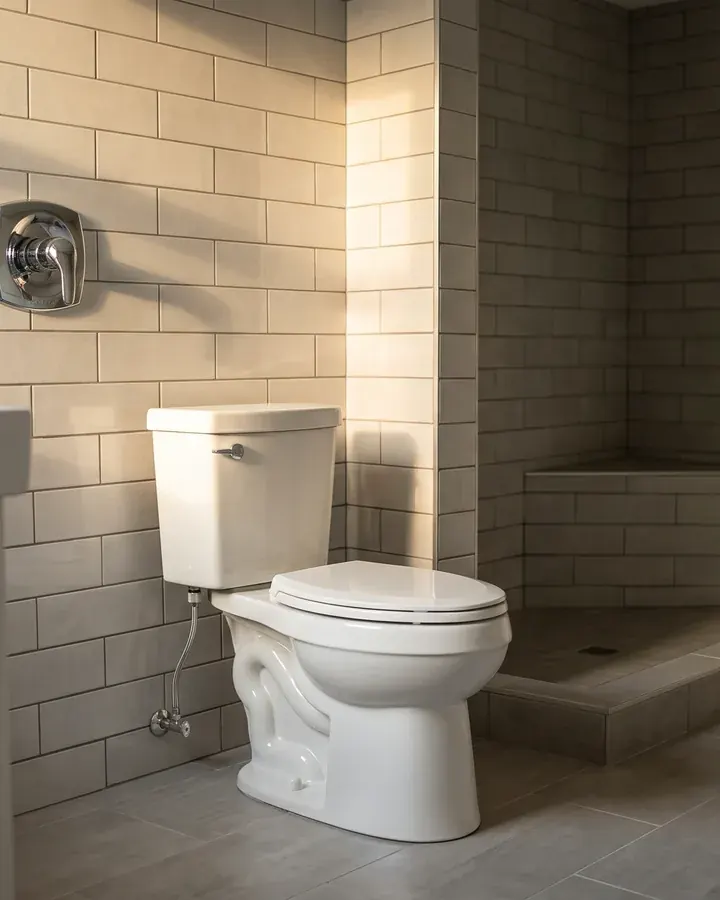A new toilet and a new shower valve trim in a bathroom